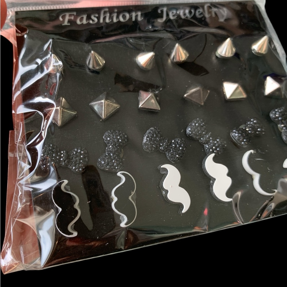 Black and Silver Fashion Earring Jewelry Set, spikes, bows and mustaches.